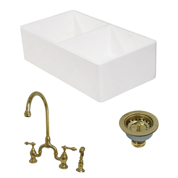 Arcticstone 33-Inch White Stone Double Bowl Farmhouse Kitchen Sink with Deck Mount Bridge Kitchen Faucet with Side Sprayer and Basket Strainer, Polished Brass