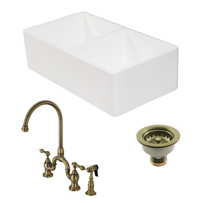 Arcticstone 33-Inch White Stone Double Bowl Farmhouse Kitchen Sink with Deck Mount Bridge Kitchen Faucet with Side Sprayer and Basket Strainer, Antique Brass