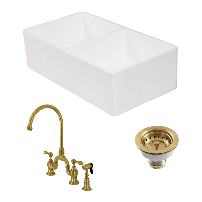 Arcticstone 33-Inch White Stone Double Bowl Farmhouse Kitchen Sink with Deck Mount Bridge Kitchen Faucet with Side Sprayer and Basket Strainer, Brushed Brass