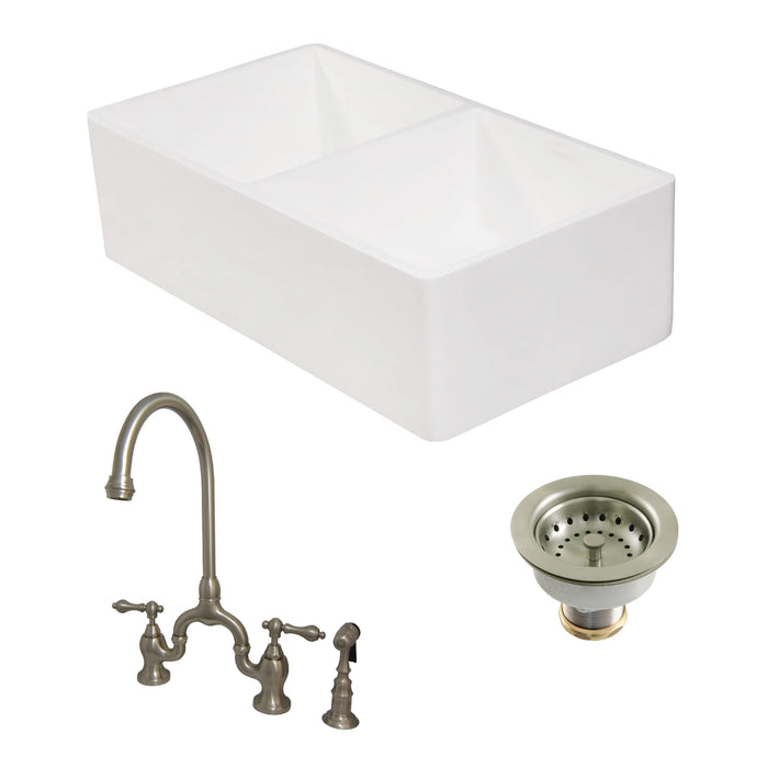 Arcticstone 33-Inch White Stone Double Bowl Farmhouse Kitchen Sink with Deck Mount Bridge Kitchen Faucet with Side Sprayer and Basket Strainer, Brushed Nickel