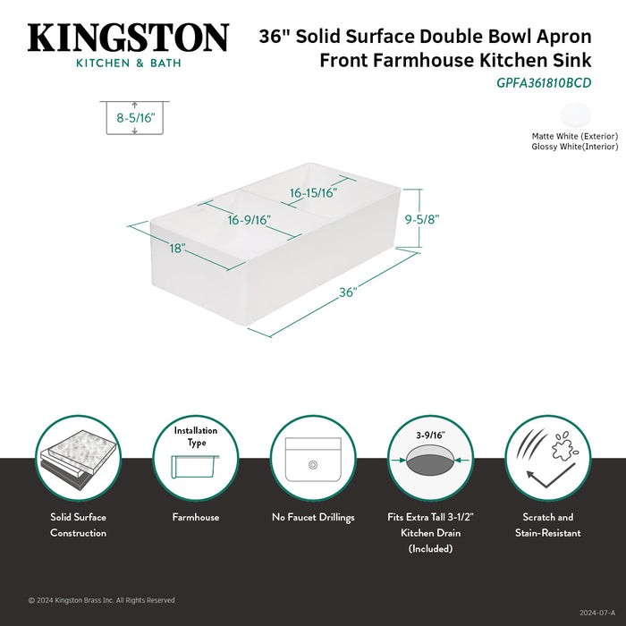 Arcticstone GPFA361810BCD 36-Inch Solid Surface White Stone Apron-Front Double Bowl Farmhouse Kitchen Sink with Strainers x 2, Matte/Glossy White