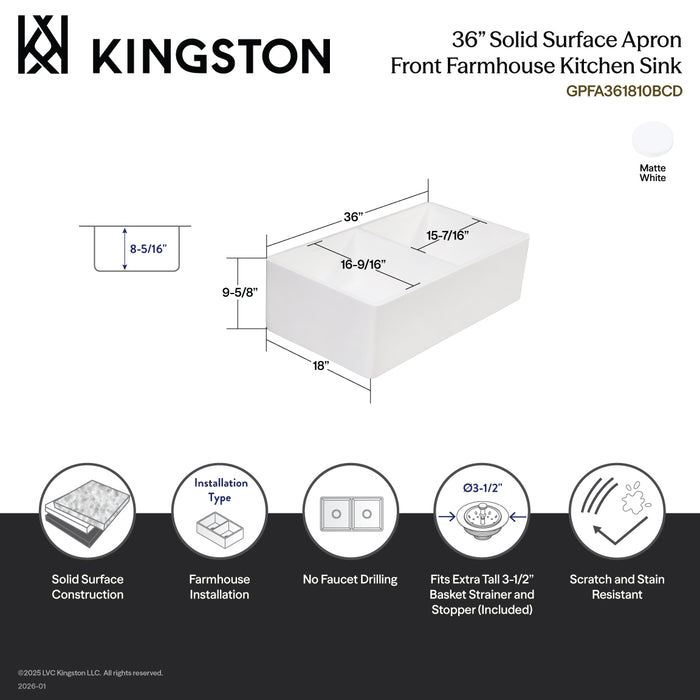 Kingston Arcticstone GPFA361810BCD 36-Inch Solid Surface White Stone Apron-Front Double Bowl Farmhouse Kitchen Sink with Strainers x 2, Matte/Glossy White