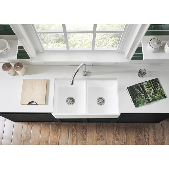 Kingston Arcticstone GPFA361810BCD 36-Inch Solid Surface White Stone Apron-Front Double Bowl Farmhouse Kitchen Sink with Strainers x 2, Matte/Glossy White