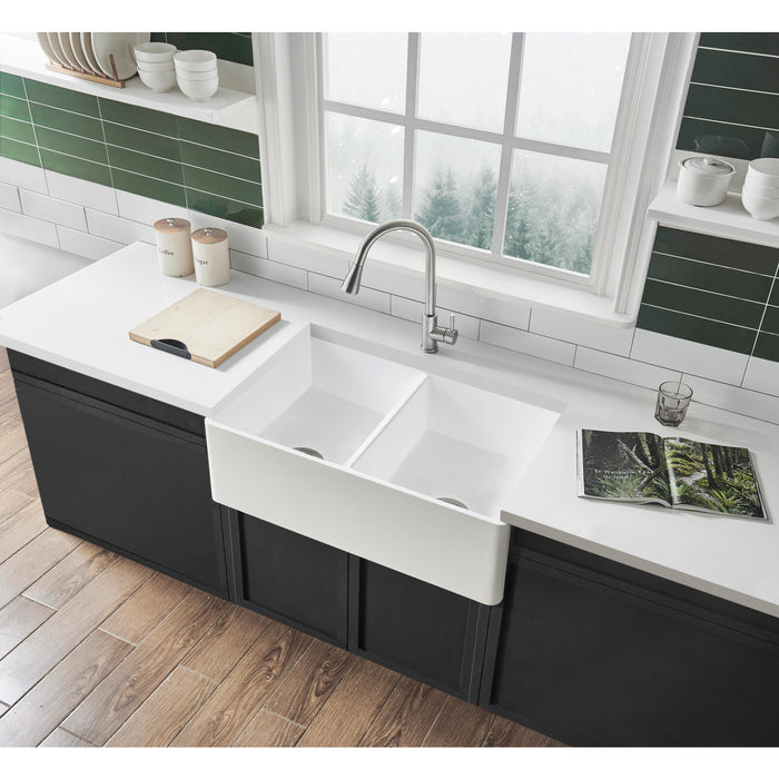 Kingston Arcticstone GPFA361810BCD 36-Inch Solid Surface White Stone Apron-Front Double Bowl Farmhouse Kitchen Sink with Strainers x 2, Matte/Glossy White