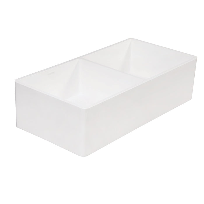 Kingston Arcticstone GPFA361810BCD 36-Inch Solid Surface White Stone Apron-Front Double Bowl Farmhouse Kitchen Sink with Strainers x 2, Matte/Glossy White