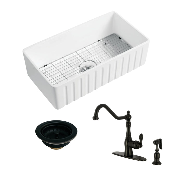 Kaolin 30-Inch Ceramic Single Bowl Farmhouse Kitchen Sink with Bottom Grid and Strainer with Deck Mount Kitchen Faucet with Brass Side Sprayer and Basket Strainer, Matte Black