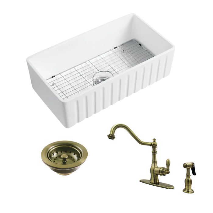 Kaolin 30-Inch Ceramic Single Bowl Farmhouse Kitchen Sink with Bottom Grid and Strainer with Deck Mount Kitchen Faucet with Brass Side Sprayer and Basket Strainer, Antique Brass