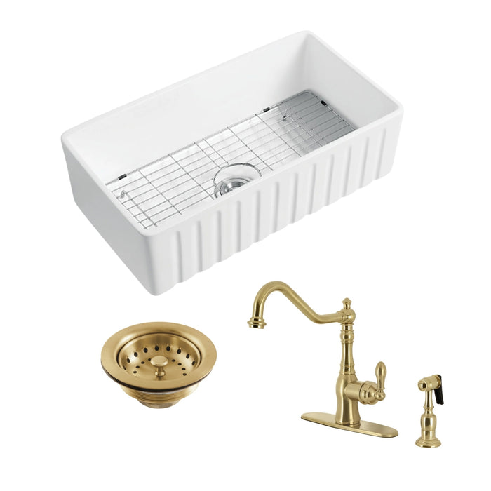 Kaolin 30-Inch Ceramic Single Bowl Farmhouse Kitchen Sink with Bottom Grid and Strainer with Deck Mount Kitchen Faucet with Brass Side Sprayer and Basket Strainer, Brushed Brass