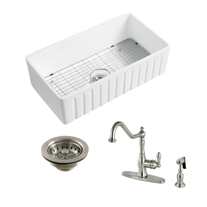 Kaolin 30-Inch Ceramic Single Bowl Farmhouse Kitchen Sink with Bottom Grid and Strainer with Deck Mount Kitchen Faucet with Brass Side Sprayer and Basket Strainer, Brushed Nickel