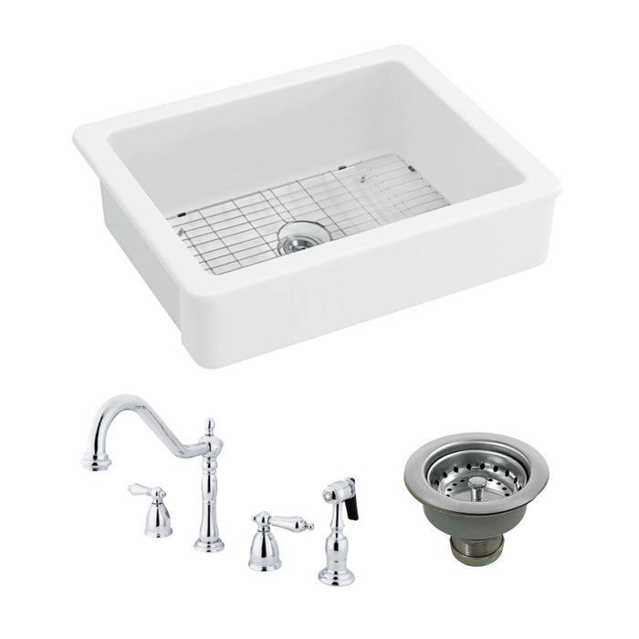 Kaolin 30-Inch Ceramic Single Bowl Farmhouse Kitchen Sink with Widespread Kitchen Faucet with Sprayer and Basket Strainer, Polished Chrome