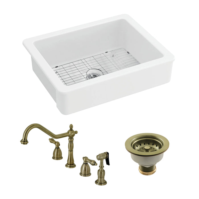 Kaolin 30-Inch Ceramic Single Bowl Farmhouse Kitchen Sink  with Widespread Kitchen Faucet with Sprayer and Basket Strainer, Antique Brass
