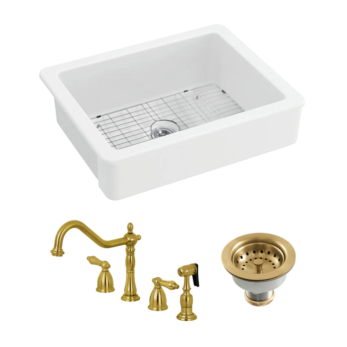 Kaolin 30-Inch Ceramic Single Bowl Farmhouse Kitchen Sink  with Widespread Kitchen Faucet with Sprayer and Basket Strainer, Brushed Brass