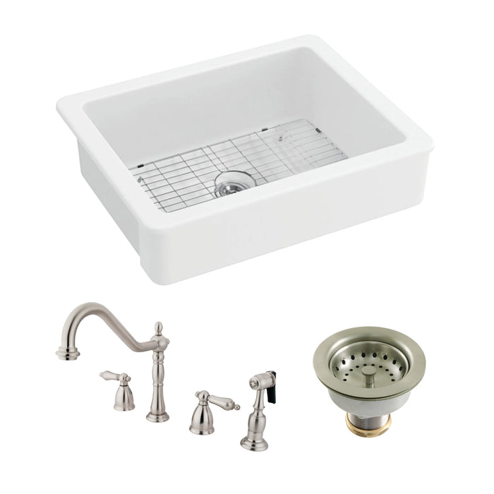 Kaolin 30-Inch Ceramic Single Bowl Farmhouse Kitchen Sink  with Widespread Kitchen Faucet with Sprayer and Basket Strainer, Brushed Nickel