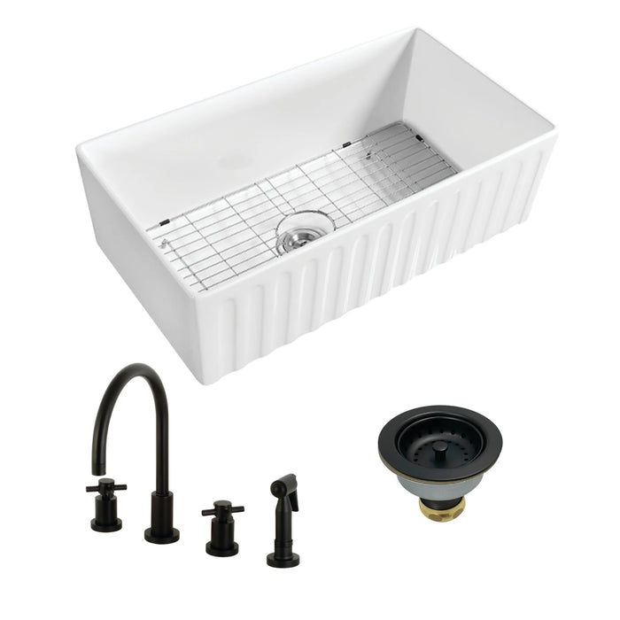 Kaolin 33-Inch Ceramic Single Bowl Farmhouse Kitchen Sink  with Widespread Kitchen Faucet with Sprayer and Basket Strainer, Matte Black