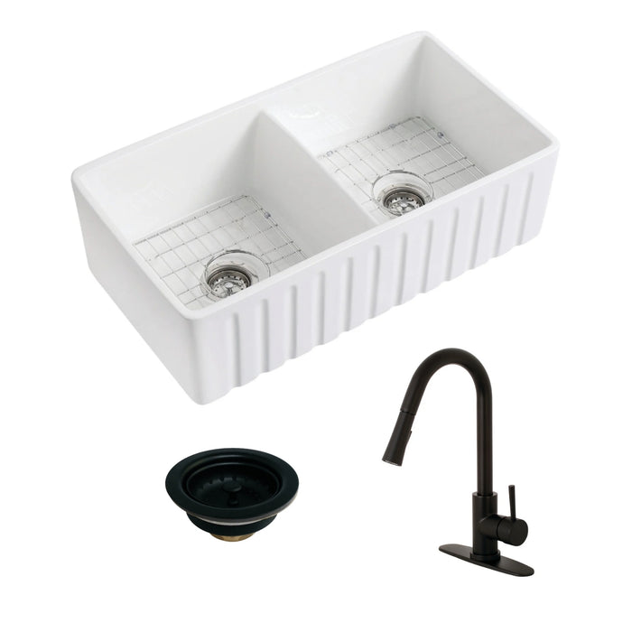 Kaolin 33-Inch Ceramic Double Bowl Farmhouse Kitchen Sink with Bottom Grid and Strainer with Pull-Down Kitchen Faucet and Basket Strainer, Matte Black