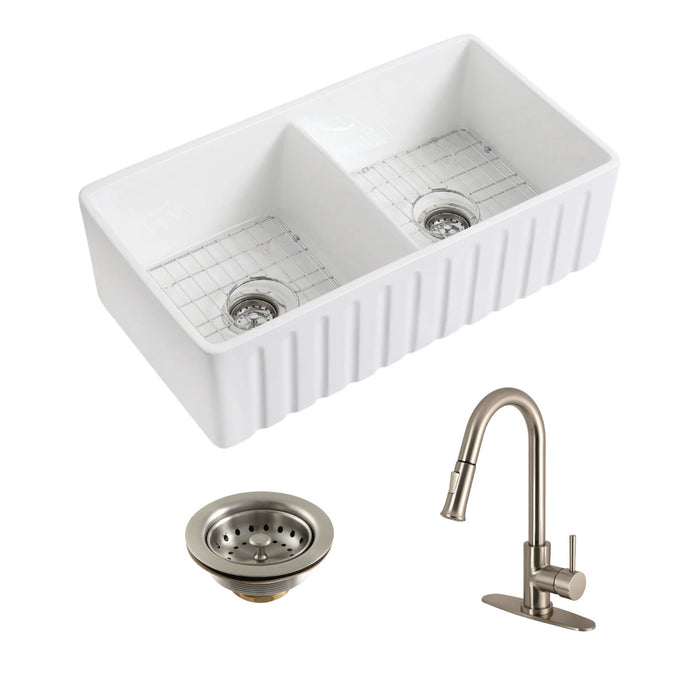 Kaolin 33-Inch Ceramic Double Bowl Farmhouse Kitchen Sink with Bottom Grid and Strainer with Pull-Down Kitchen Faucet and Basket Strainer, Brushed Nickel