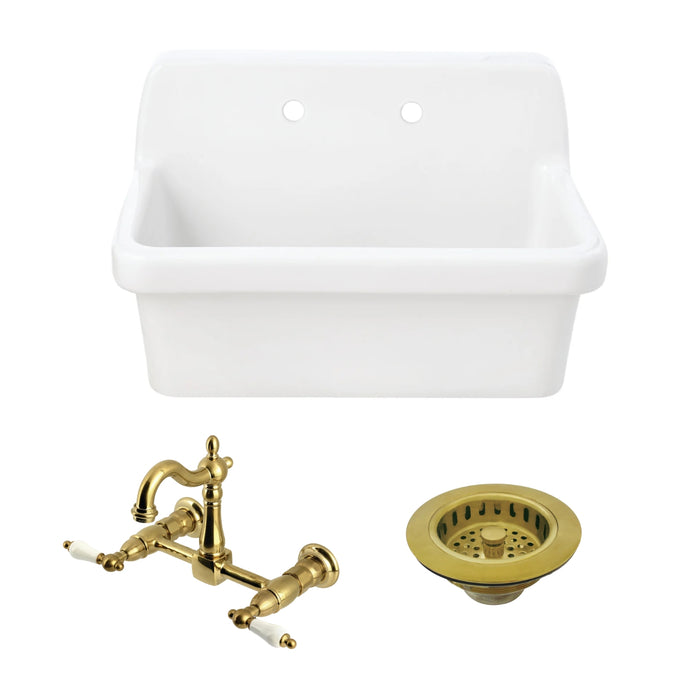 Doriteal 30-Inch Ceramic Wall Mount Utility Sink with Wall-Mount Bridge Kitchen Faucet and Basket Strainer, Brushed Brass