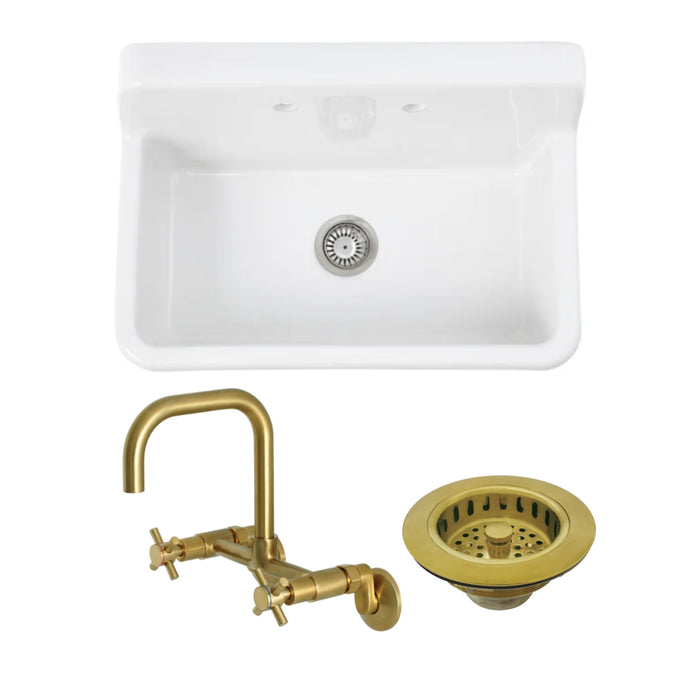 Doriteal 30-Inch Ceramic Wall Mount Utility Sink With Wall-Mount Bridge Kitchen Faucet And Basket Strainer, Brushed Brass