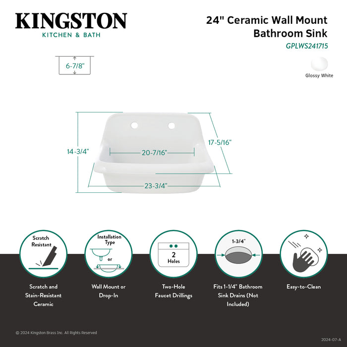 Doriteal GPLWS241715 24-Inch Ceramic Wall Mount Bathroom Sink (8-Inch, 2 Hole), Glossy White