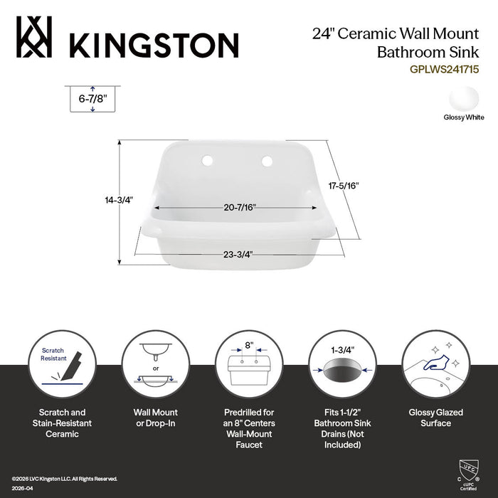 Kingston Heirloom GPLWS241715 - Doriteal 24-Inch Ceramic Wall Mount Bathroom Sink (8-Inch, 2 Hole), Glossy White