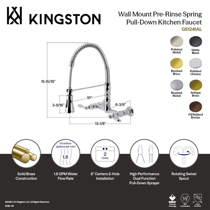 Kingston Tulare GS1240AL - Heritage Double-Handle 2-Hole Wall-Mount Pre-Rinse Bridge Kitchen Faucet, Matte Black