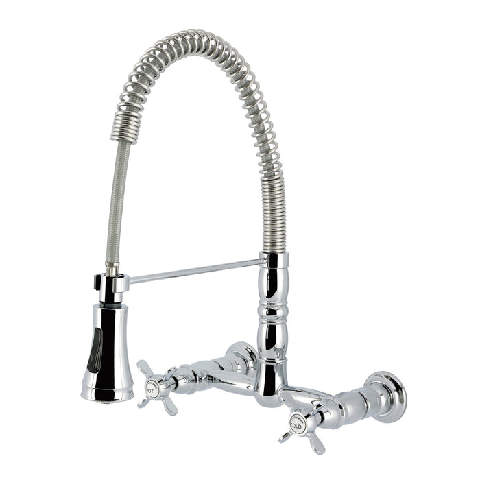 Kingston Tulare GS1241BEX - Essex Double-Handle 2-Hole Wall-Mount Pre-Rinse Bridge Kitchen Faucet, Polished Chrome