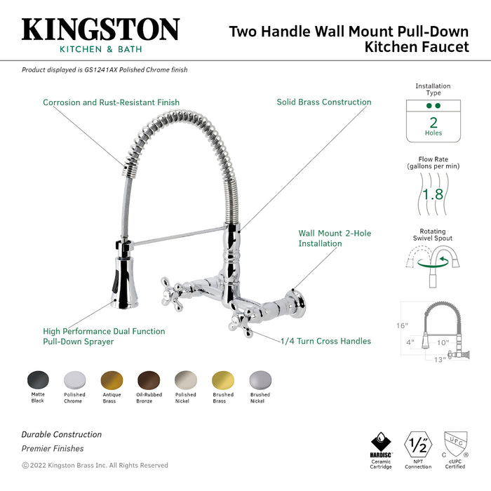 Kingston Tulare GS1243AX - Heritage Double-Handle 2-Hole Wall-Mount Pre-Rinse Bridge Kitchen Faucet, Antique Brass