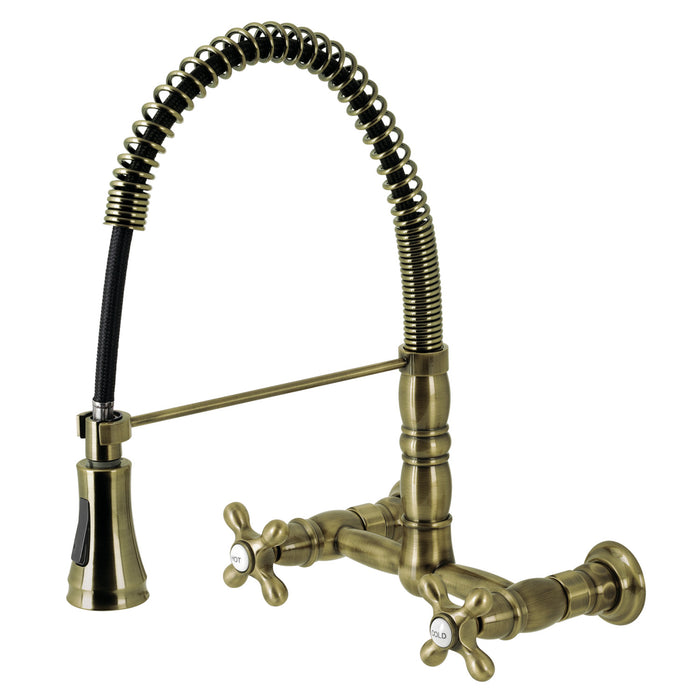Kingston Tulare GS1243AX - Heritage Double-Handle 2-Hole Wall-Mount Pre-Rinse Bridge Kitchen Faucet, Antique Brass