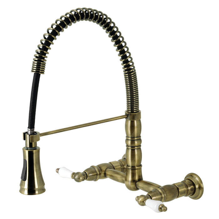 Kingston Tulare GS1243PL - Heritage Double-Handle 2-Hole Wall-Mount Pre-Rinse Bridge Kitchen Faucet, Antique Brass