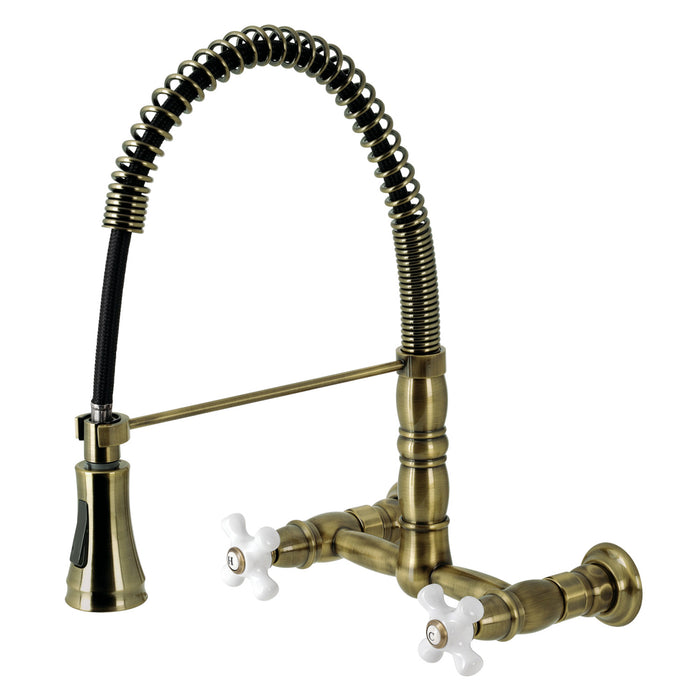 Kingston Tulare GS1243PX - Heritage Double-Handle 2-Hole Wall-Mount Pre-Rinse Bridge Kitchen Faucet, Antique Brass