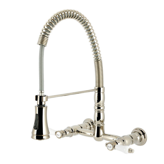 Kingston Tulare GS1246BPL - Bel-Air Double-Handle 2-Hole Wall-Mount Pre-Rinse Bridge Kitchen Faucet, Polished Nickel