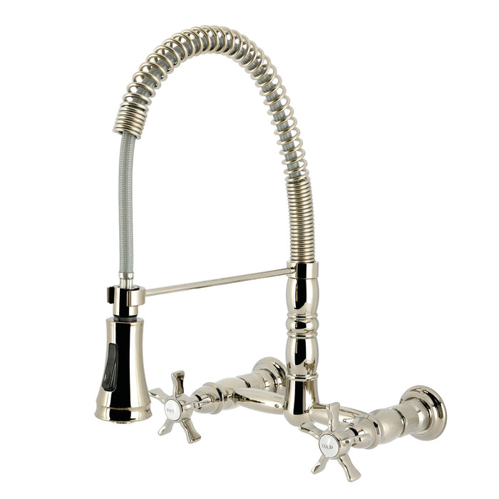 Kingston Tulare GS1246NX - Hamilton Double-Handle 2-Hole Wall-Mount Pre-Rinse Bridge Kitchen Faucet, Polished Nickel