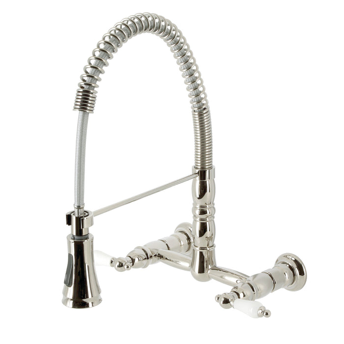 Kingston Tulare GS1246PL - Heritage Double-Handle 2-Hole Wall-Mount Pre-Rinse Bridge Kitchen Faucet, Polished Nickel