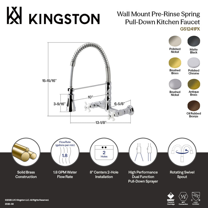 Kingston Tulare GS1246PX - Heritage Double-Handle 2-Hole Wall-Mount Pre-Rinse Bridge Kitchen Faucet, Polished Nickel
