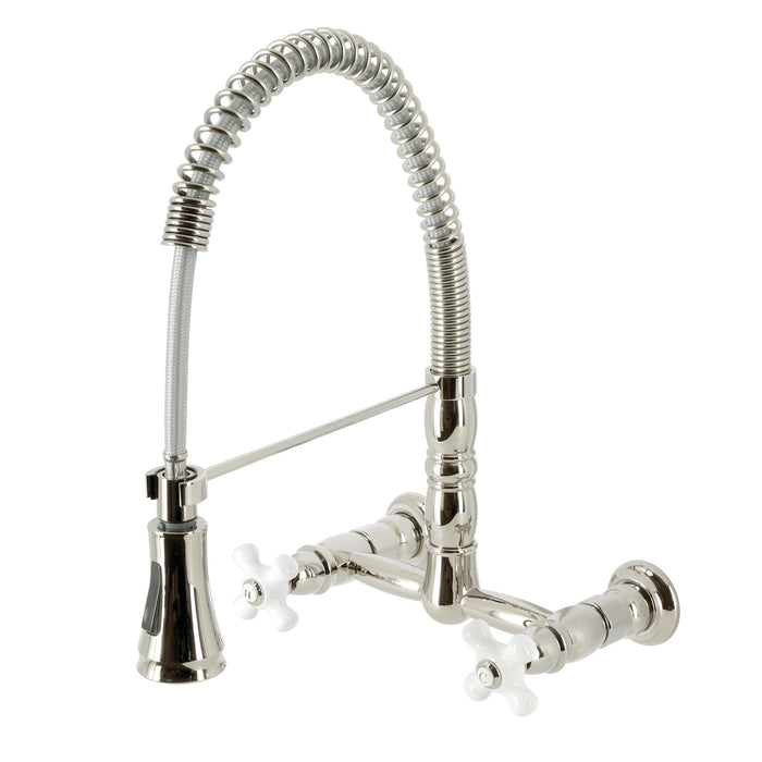 Kingston Tulare GS1246PX - Heritage Double-Handle 2-Hole Wall-Mount Pre-Rinse Bridge Kitchen Faucet, Polished Nickel