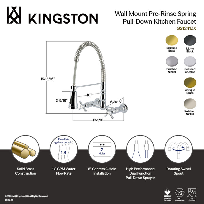 Kingston Tulare GS1246ZX - Millennium Double-Handle 2-Hole Wall-Mount Pre-Rinse Bridge Kitchen Faucet, Polished Nickel
