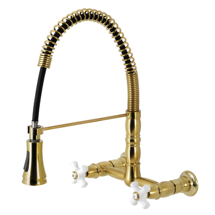 Heritage GS1247PX Double-Handle 2-Hole Wall-Mount Pre-Rinse Bridge Kitchen Faucet, Brushed Brass