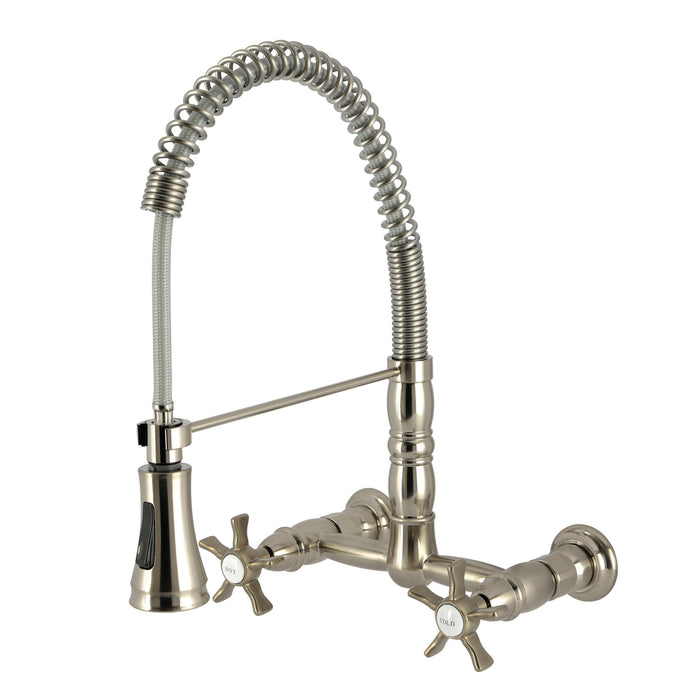 Kingston Tulare GS1248NX - Hamilton Double-Handle 2-Hole Wall-Mount Pre-Rinse Bridge Kitchen Faucet, Brushed Nickel