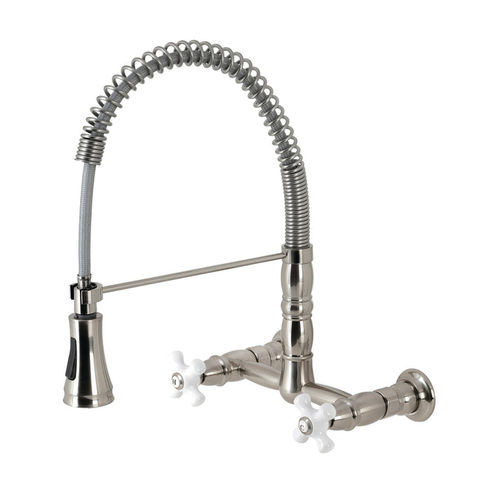 Kingston Tulare GS1248PX - Heritage Double-Handle 2-Hole Wall-Mount Pre-Rinse Bridge Kitchen Faucet, Brushed Nickel