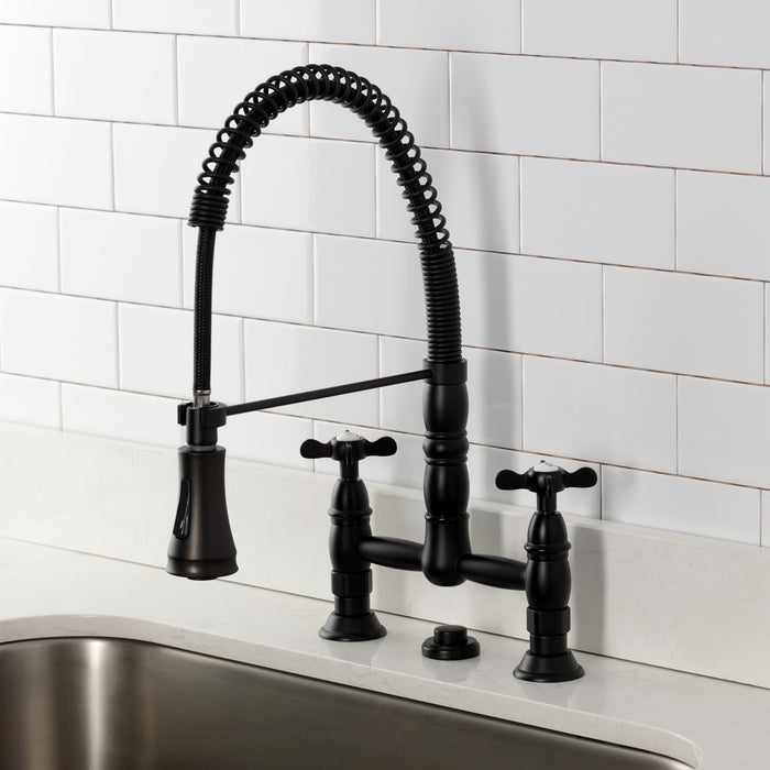 Essex GS1270BEX Double-Handle 2-Hole Deck-Mount Pre-Rinse Bridge Kitchen Faucet, Matte Black
