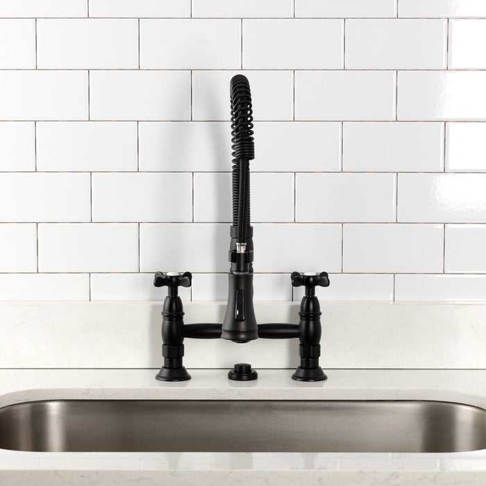 Essex GS1270BEX Double-Handle 2-Hole Deck-Mount Pre-Rinse Bridge Kitchen Faucet, Matte Black