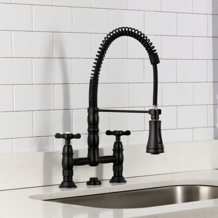 Essex GS1270BEX Double-Handle 2-Hole Deck-Mount Pre-Rinse Bridge Kitchen Faucet, Matte Black
