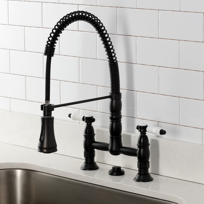 Kingston Tulare GS1270BPL - Bel-Air Double-Handle 2-Hole Deck-Mount Pre-Rinse Bridge Kitchen Faucet, Matte Black