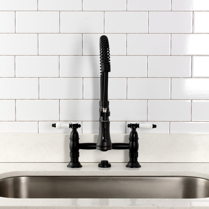 Kingston Tulare GS1270BPL - Bel-Air Double-Handle 2-Hole Deck-Mount Pre-Rinse Bridge Kitchen Faucet, Matte Black