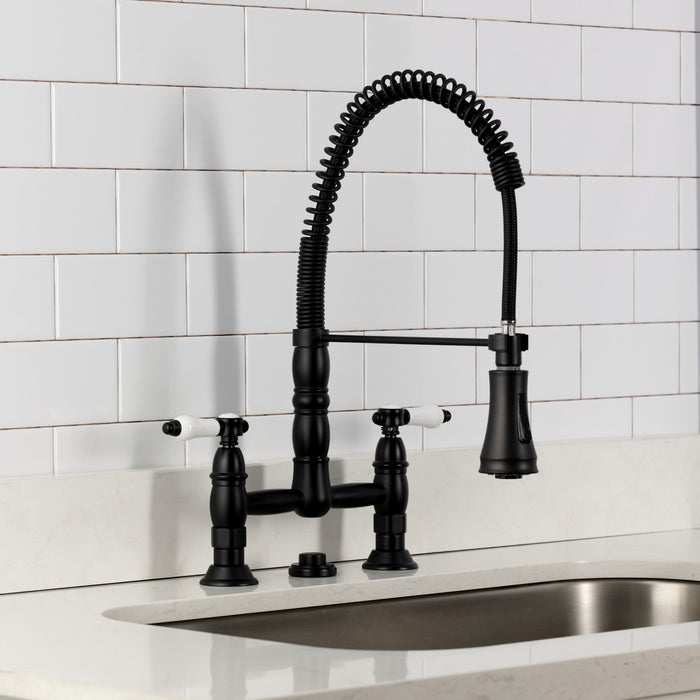 Kingston Tulare GS1270BPL - Bel-Air Double-Handle 2-Hole Deck-Mount Pre-Rinse Bridge Kitchen Faucet, Matte Black