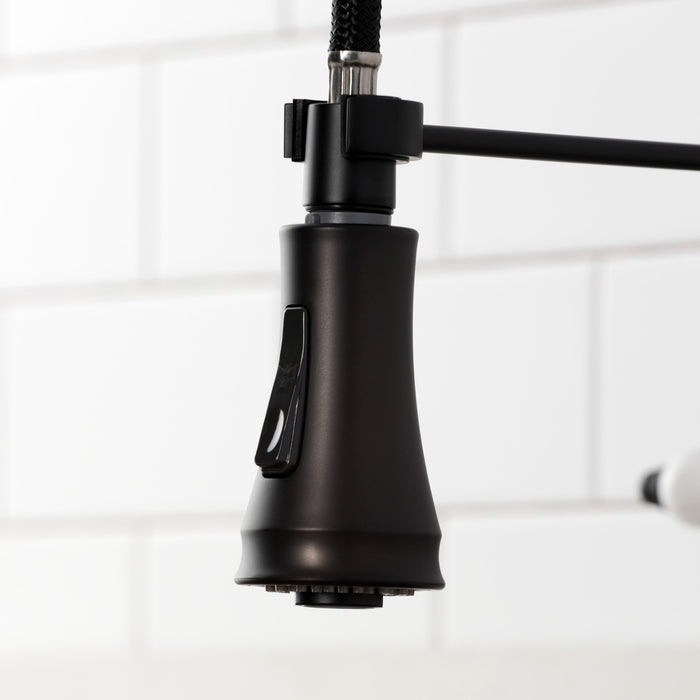 Kingston Tulare GS1270BPL - Bel-Air Double-Handle 2-Hole Deck-Mount Pre-Rinse Bridge Kitchen Faucet, Matte Black