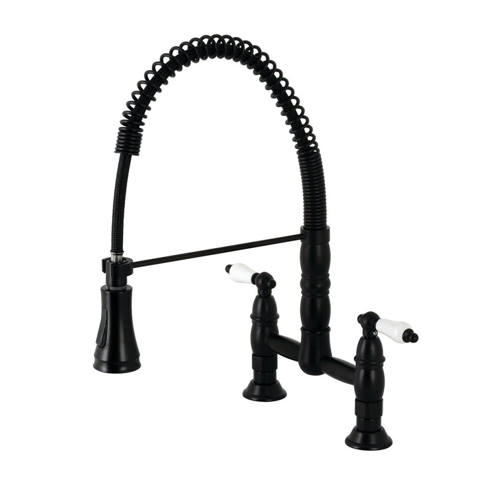 Kingston Tulare GS1270PL - Heritage Double-Handle 2-Hole Deck-Mount Pre-Rinse Bridge Kitchen Faucet, Matte Black