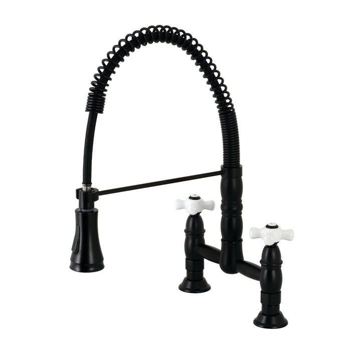 Kingston Tulare GS1270PX - Heritage Double-Handle 2-Hole Deck-Mount Pre-Rinse Bridge Kitchen Faucet, Matte Black