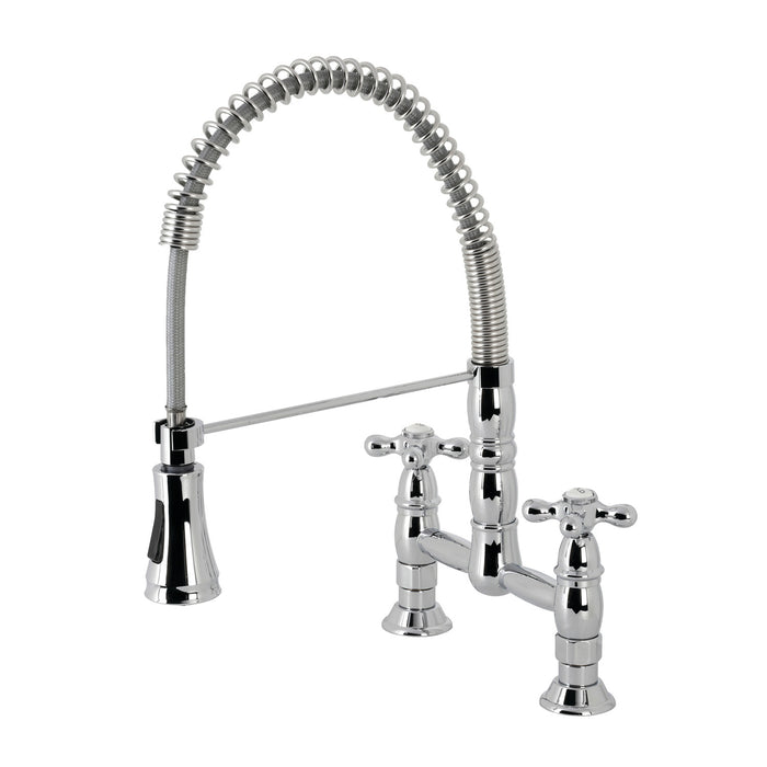 Kingston Tulare GS1271AX - Heritage Double-Handle 2-Hole Deck-Mount Pre-Rinse Bridge Kitchen Faucet, Polished Chrome
