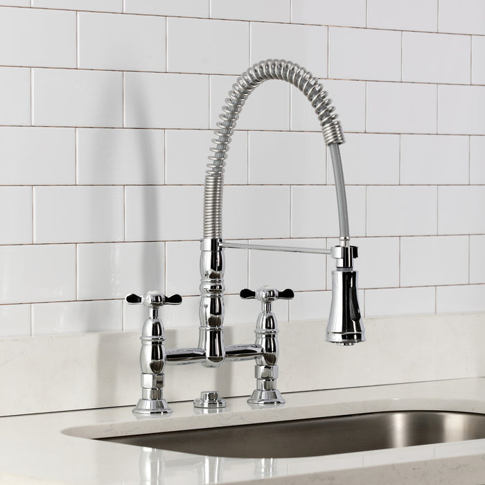 Kingston Tulare GS1271BEX - Essex Double-Handle 2-Hole Deck-Mount Pre-Rinse Bridge Kitchen Faucet, Polished Chrome